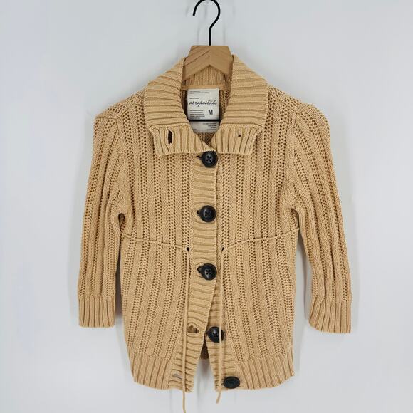 Y2K Aeropostale Chunky Knit Button Cardigan Sweater Tan Ribbed Size M Medium - Picture 5 of 5